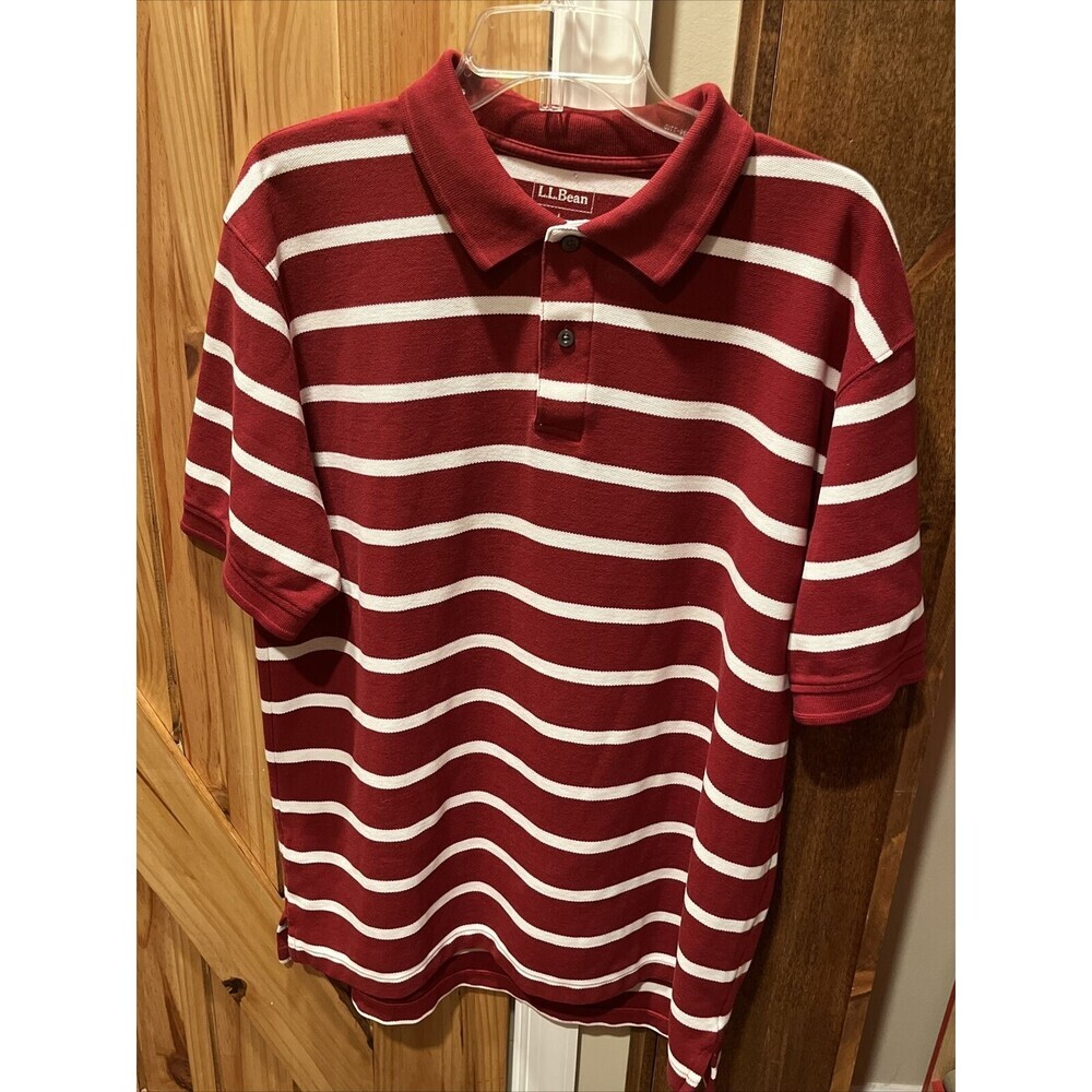 L.L. Bean Men’s Red White Striped Polo Short Sleeve Shirt Size LARGE